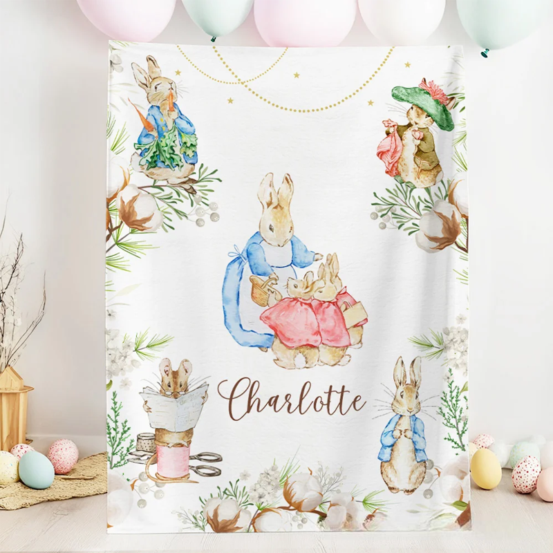 Personalized Easter Rabbit Soft Throw Blanket with Name Home Decor Easter Birthday Baby Shower Gift for Newborn Kids