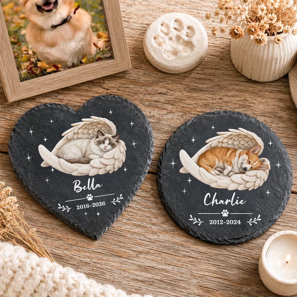 Personalized Angel Wing Pet Photo Round Heart-Shaped Garden Stone with Name and Year Garden Decor Memorial Gift for Dog Cat Owners