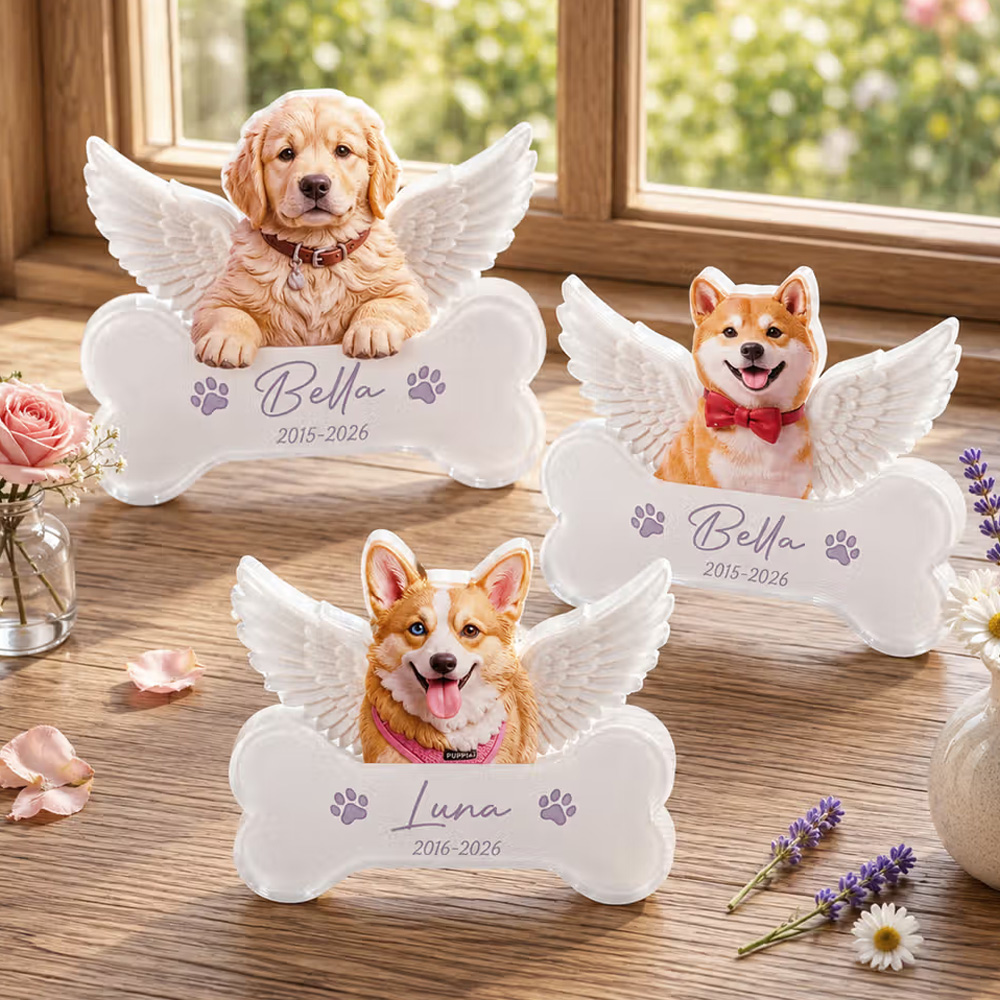 Personalized Dog Cat Photo Angel Wings Memorial Clear Acrylic Plaque with Name and Year Memorial Gift for Pet Owners Lovers