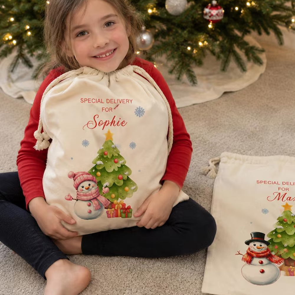 Personalized Christmas Tree Snowman Gift Sack Custom Name Large Santa Bag Reusable Holiday Present Storage Kids Christmas Bag