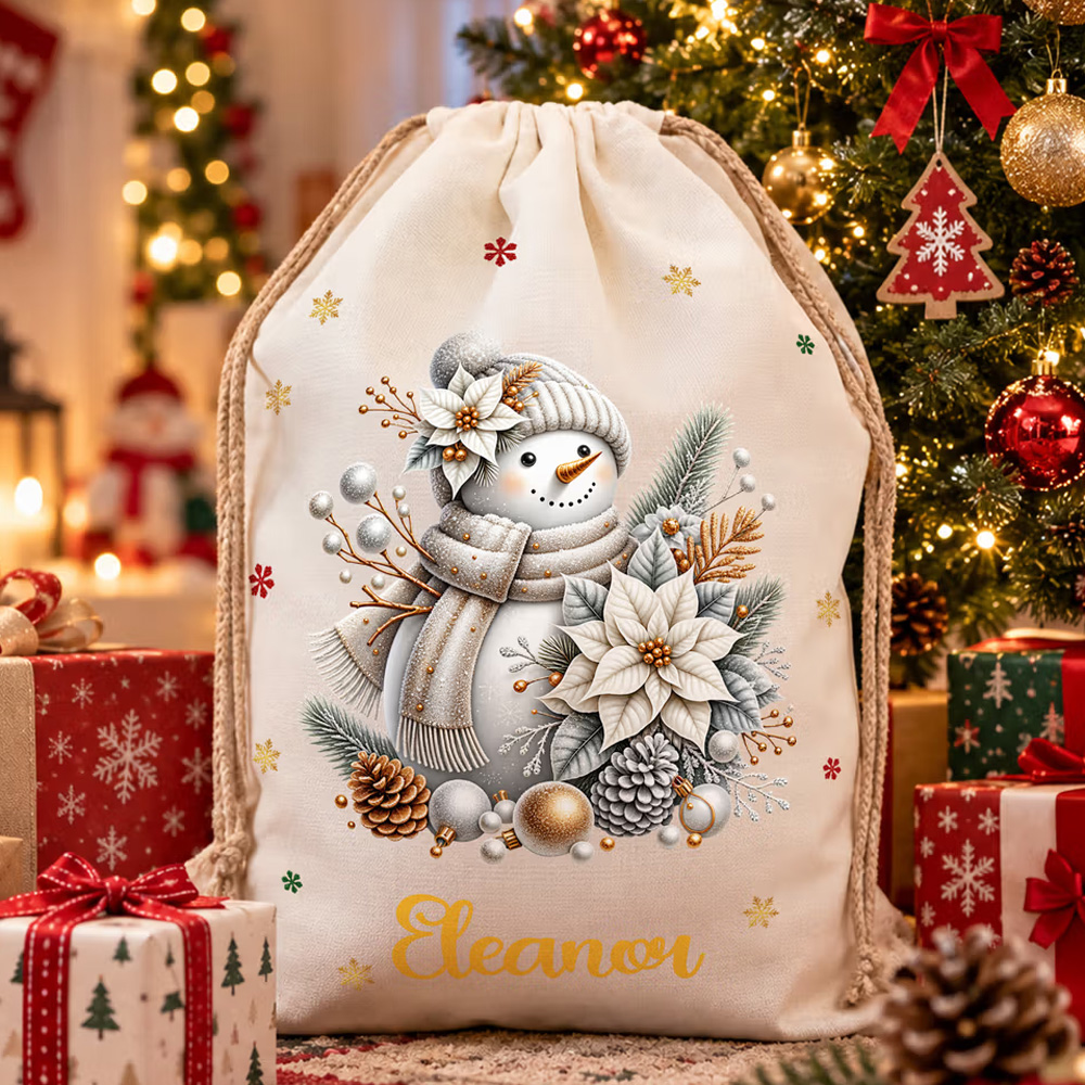 Personalized Cute Snowman Canvas Drawstring Gift Bag with Name Christmas Gift for Boys Girls