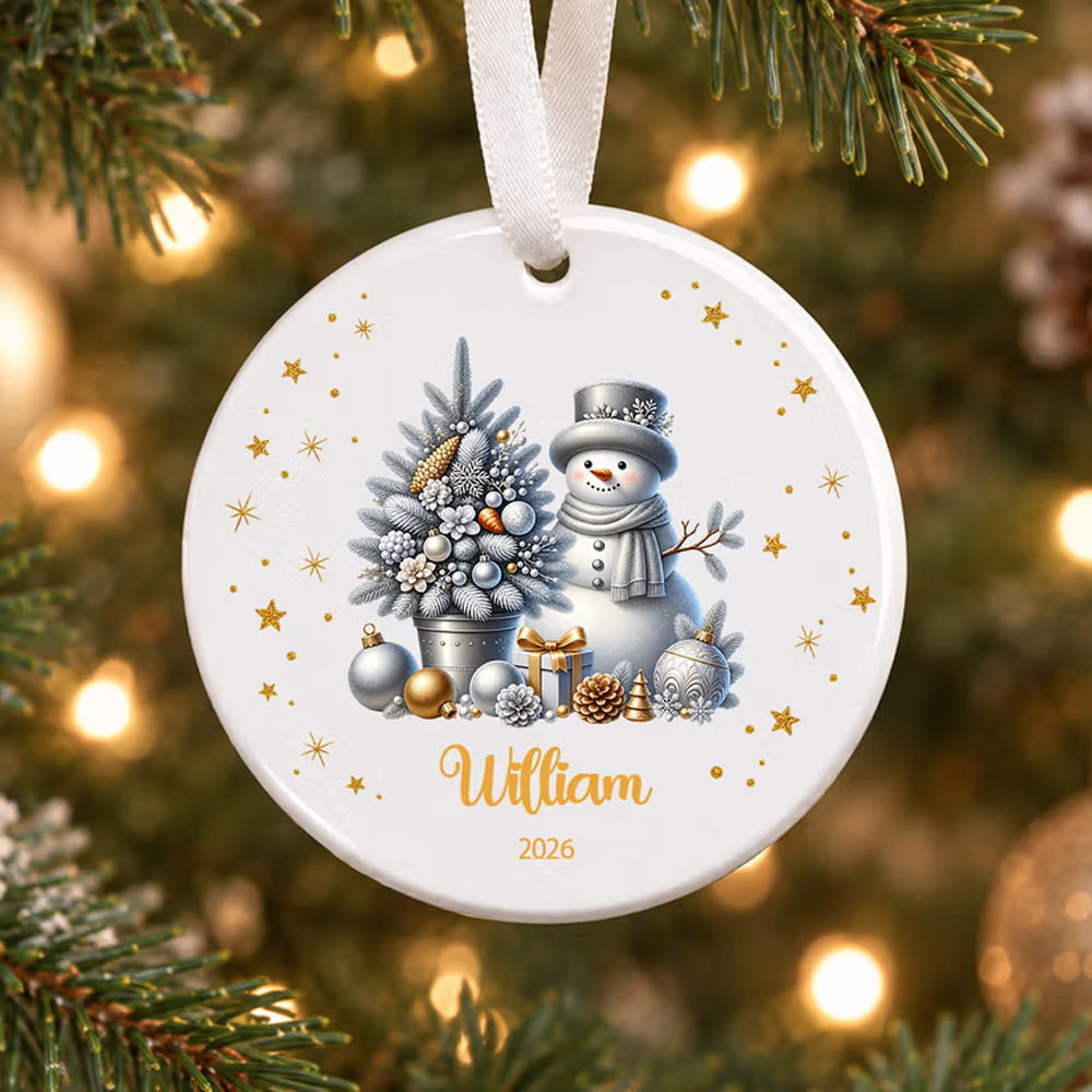 Personalized Christmas Theme Silver Snowman Star Heart Round Ceramic Ornament with Name and Year Christmas Holiday Gift for Family Friends