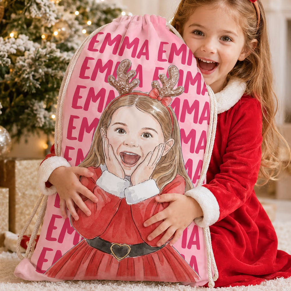 Personalized Watercolor Style Photo Canvas Drawstring Gift Bag with Name Christmas Eve Party Gift for Kids
