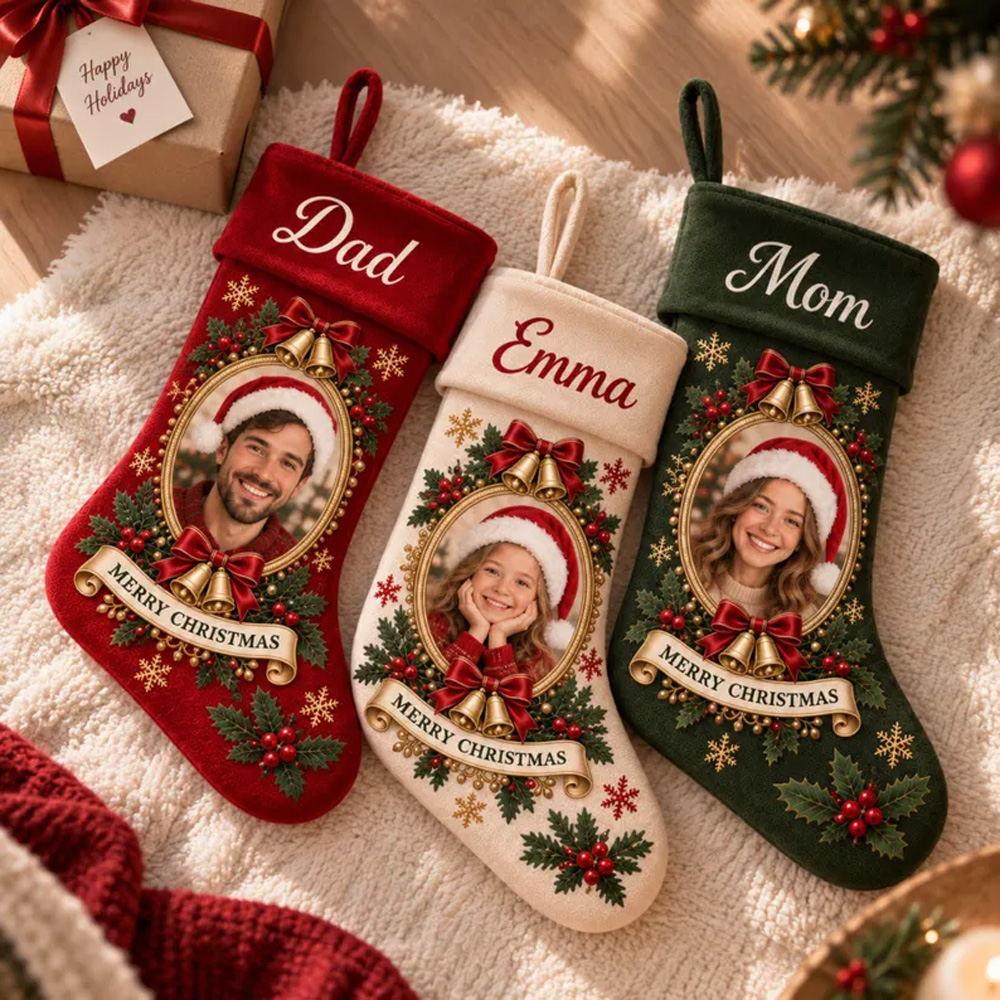 Personalized Christmas Photo Stockings Custom Family Name Holiday Fireplace Hanging Santa Sock Gift