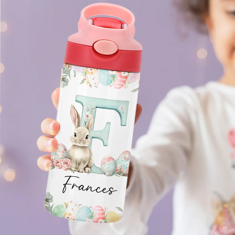 Personalized Cute Easter Bunny Initial 12oz Kid Insulated Name Water Bottle with Handle and Silicone Straw Easter Birthday Gift for Boys Girls