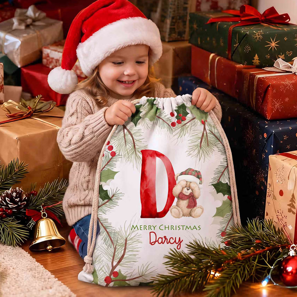 Personalized Name Initial Holly Christmas Teddy Bear Gift Bag Canvas Santa Sack with Drawstring Holiday Party Favor Christmas Gift for Kids