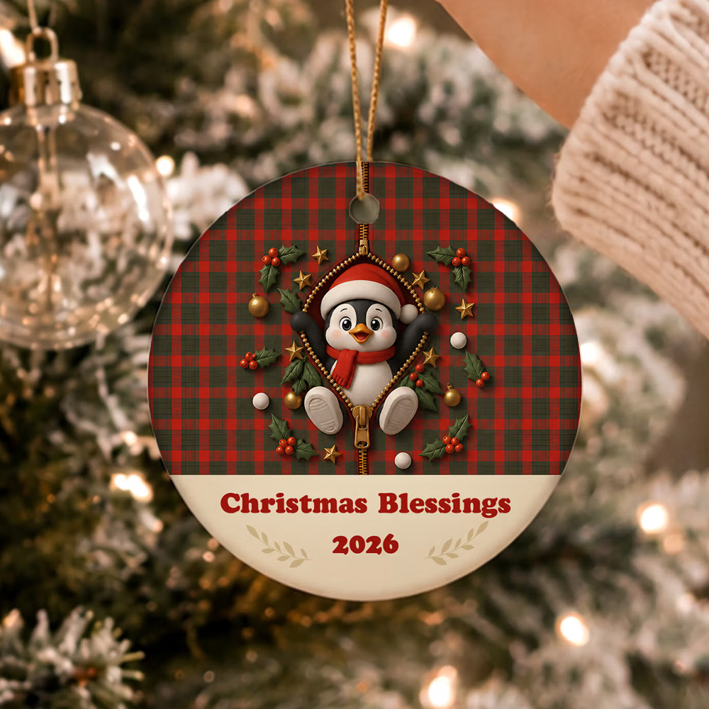 Personalized 3D Cartoon Zipper Christmas Character Plaid Ornament with Text Year Round Ceramic Holiday Tree Decor Christmas Gift for Kids Family