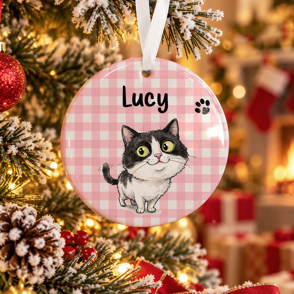 Personalized Multicolor Watercolor Style Quirky Animal Photo Ceramic Ornament with Name Christmas Gift for Family Friends Pet Owners