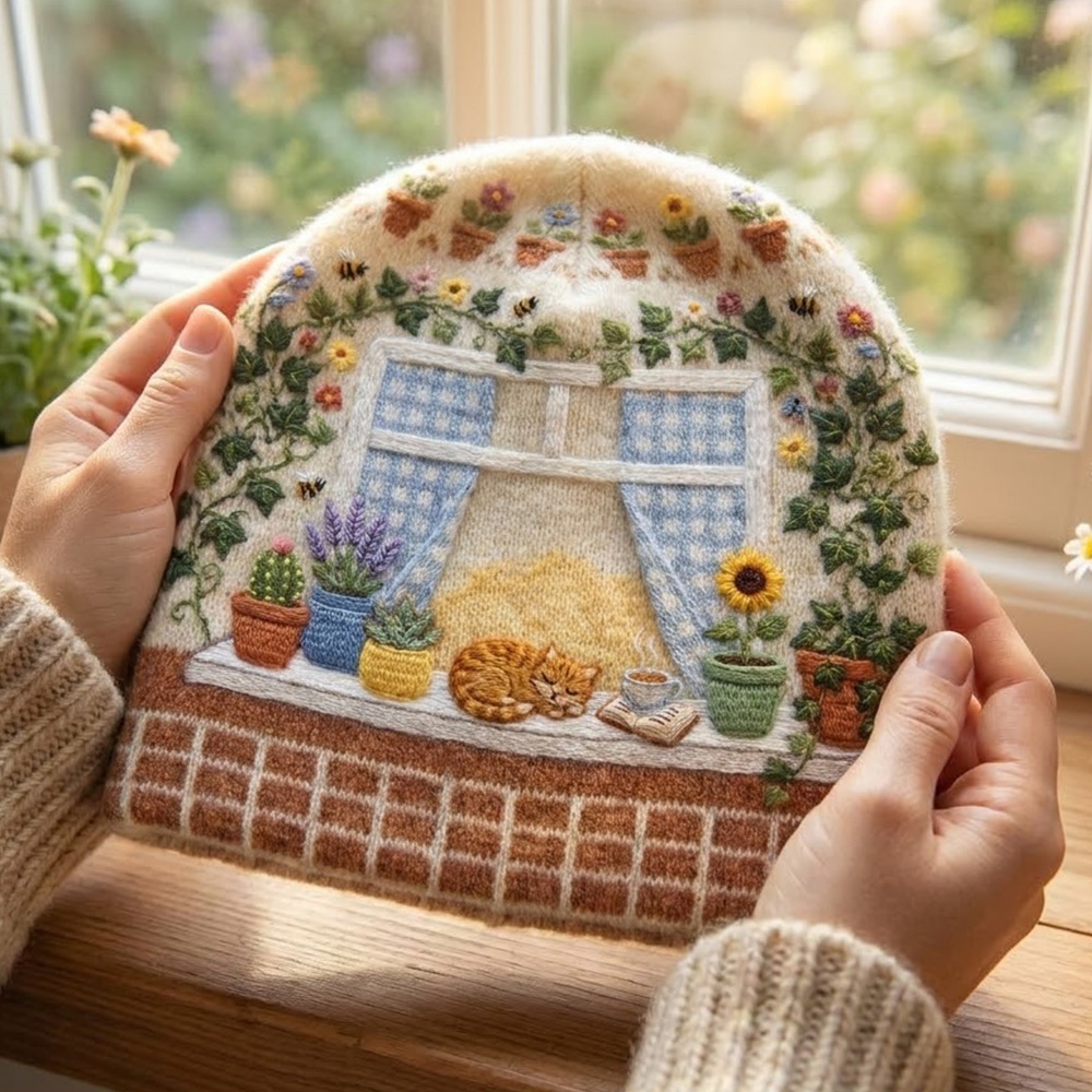 Sunlit Window Garden Knit Beanie Cozy Cat Flower Pot Vine Pattern Soft Plush Warm Winter Hat