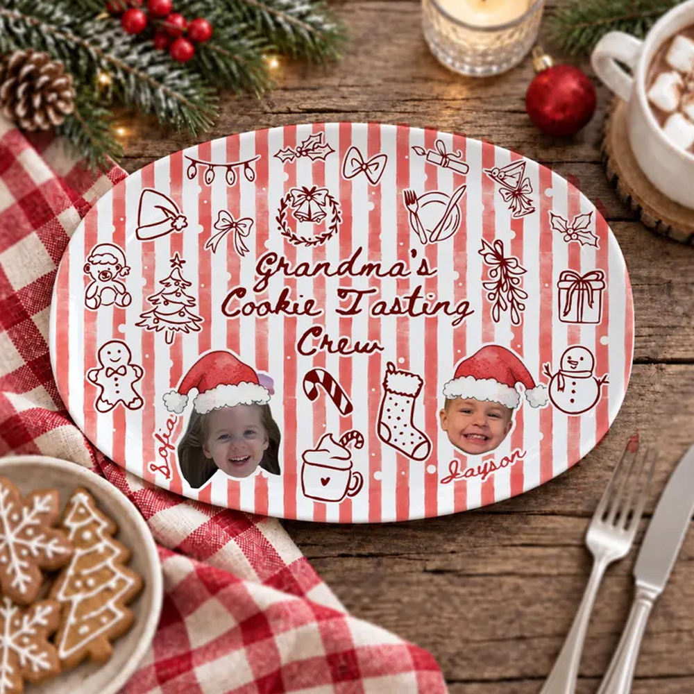 Custom Photo Grandma Christmas Platter Personalized Grandma's Cookie Tasting Crew Plate Xmas Gifts for Mom