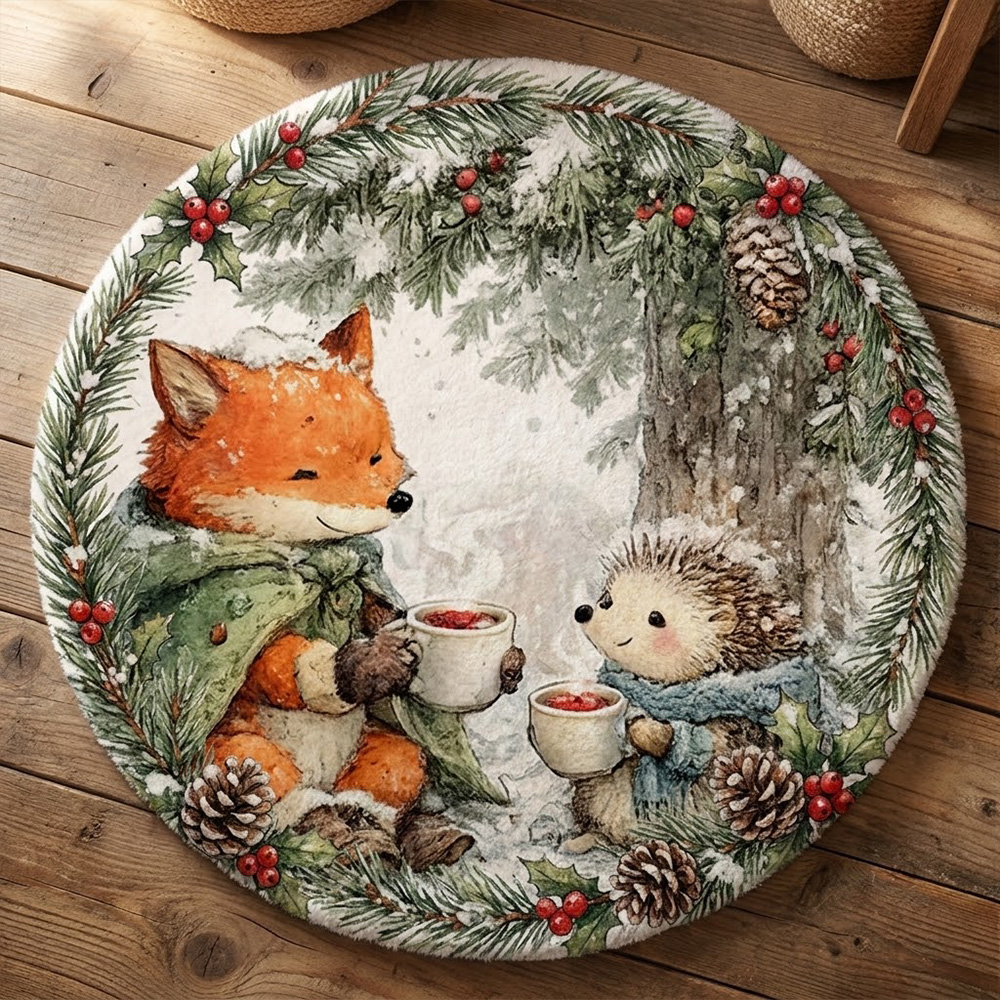 Personalized Woodland Animals Round Rug Cozy Animals Winter Scene Soft Play Mat For Nursery Kids Bedroom Rug