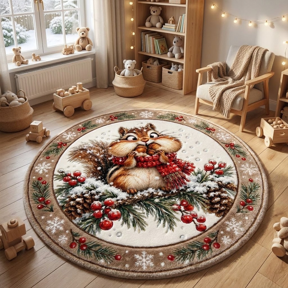 Personalized Christmas Animals Round Rug Cute Woodland Animal Snowflake Berry Pattern Soft Play Mat For Baby Nursery Floor Decor