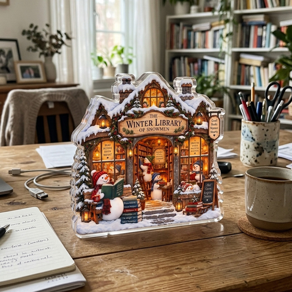 Personalized Snowman Library Acrylic Plaque Winter Bookshop Christmas