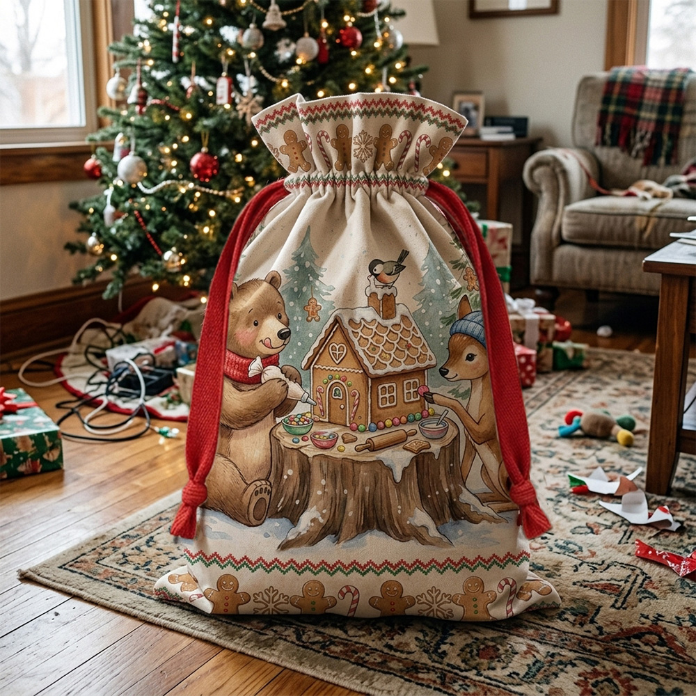 Christmas Santa Sack With Name Woodland Animals Gingerbread House Holiday Gift Bag Kids