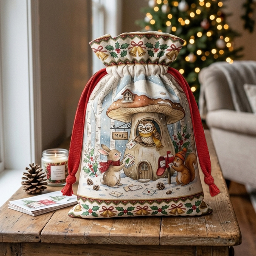 Christmas Santa Sack Woodland Animals Mushroom Mailbox Holiday Gift Ba