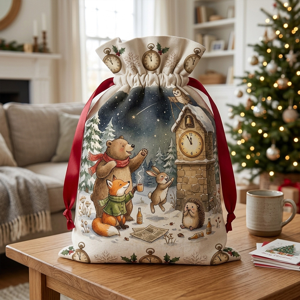 New Year Eve Christmas Sack Woodland Animals Clock Tower Countdown Holiday Gift Bag for Kids
