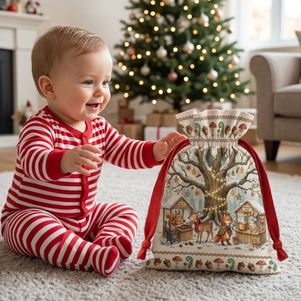 Woodland Christmas Gift Bag With Forest Animals Winter Treat Sack For Kids Holiday Gifts