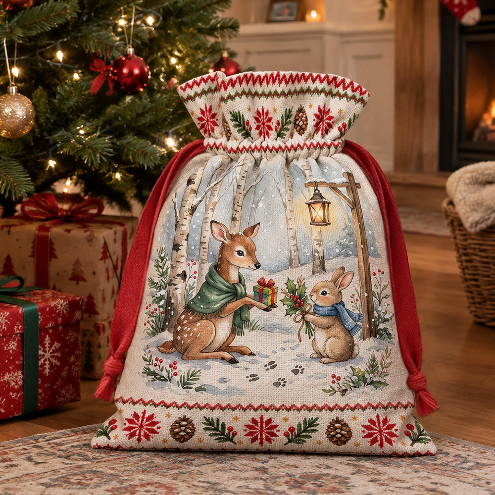 Winter Animal Gift Bag With Deer And Bunny Christmas Treat Sack For Ki