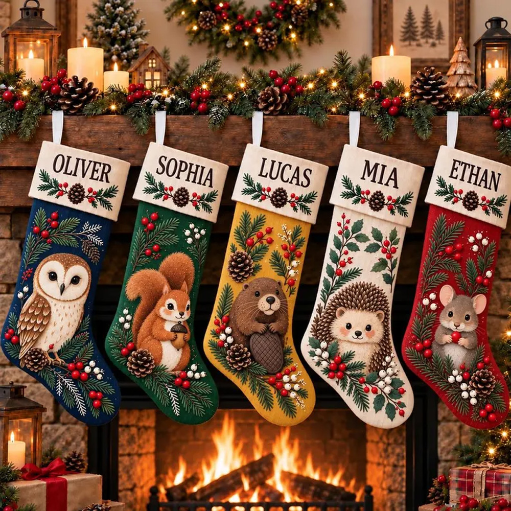 Personalized Christmas Stockings With Custom Name Woodland Animal Face Holiday Hanging Gift for Kids