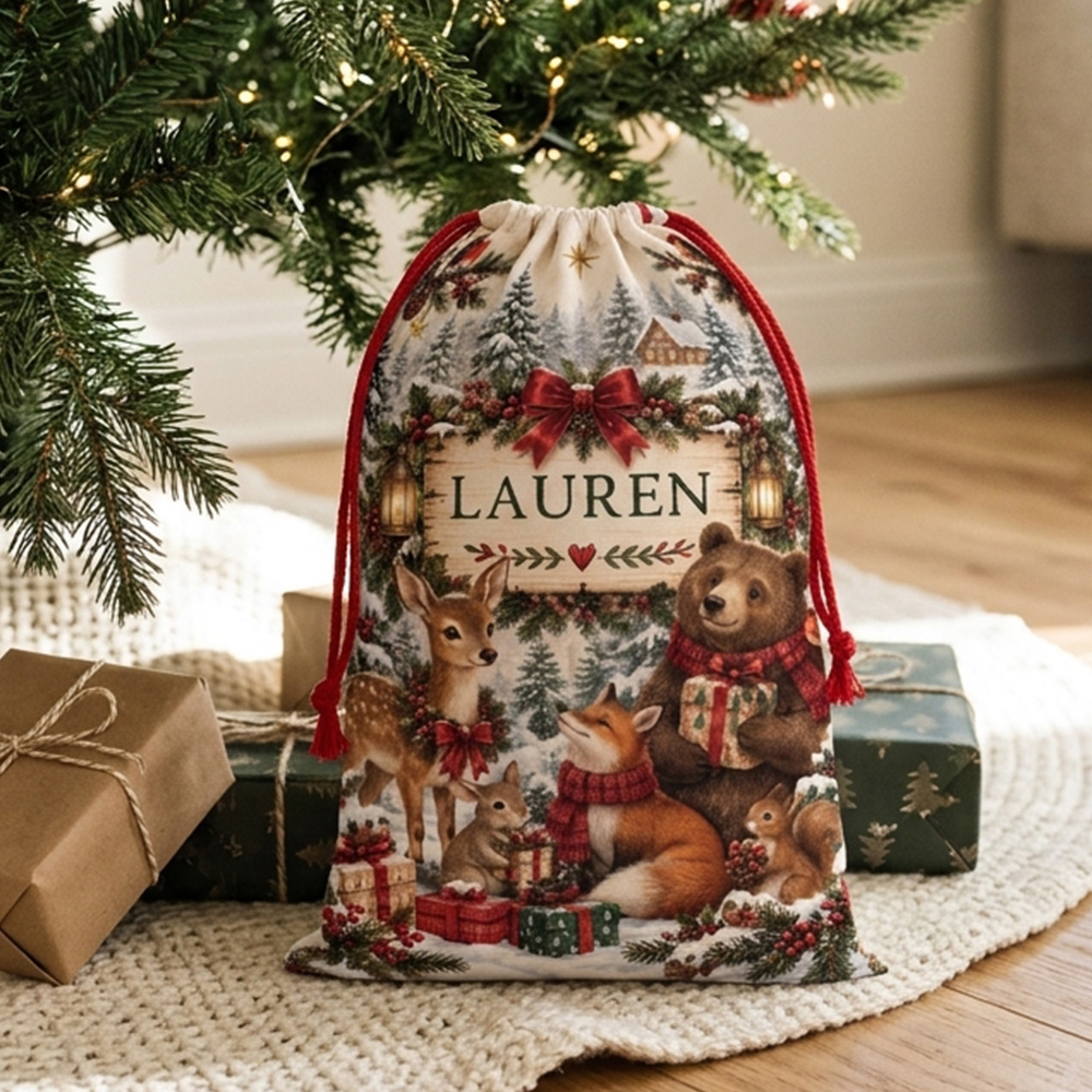 Personalized Christmas Santa Sack With Name Woodland Animals Winter Forest Holiday Gift Bag for Kids