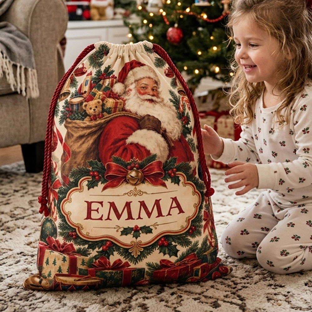 Personalized Christmas Santa Sack With Custom Name Vintage Santa Claus Portrait Holiday Gift Bag Kids