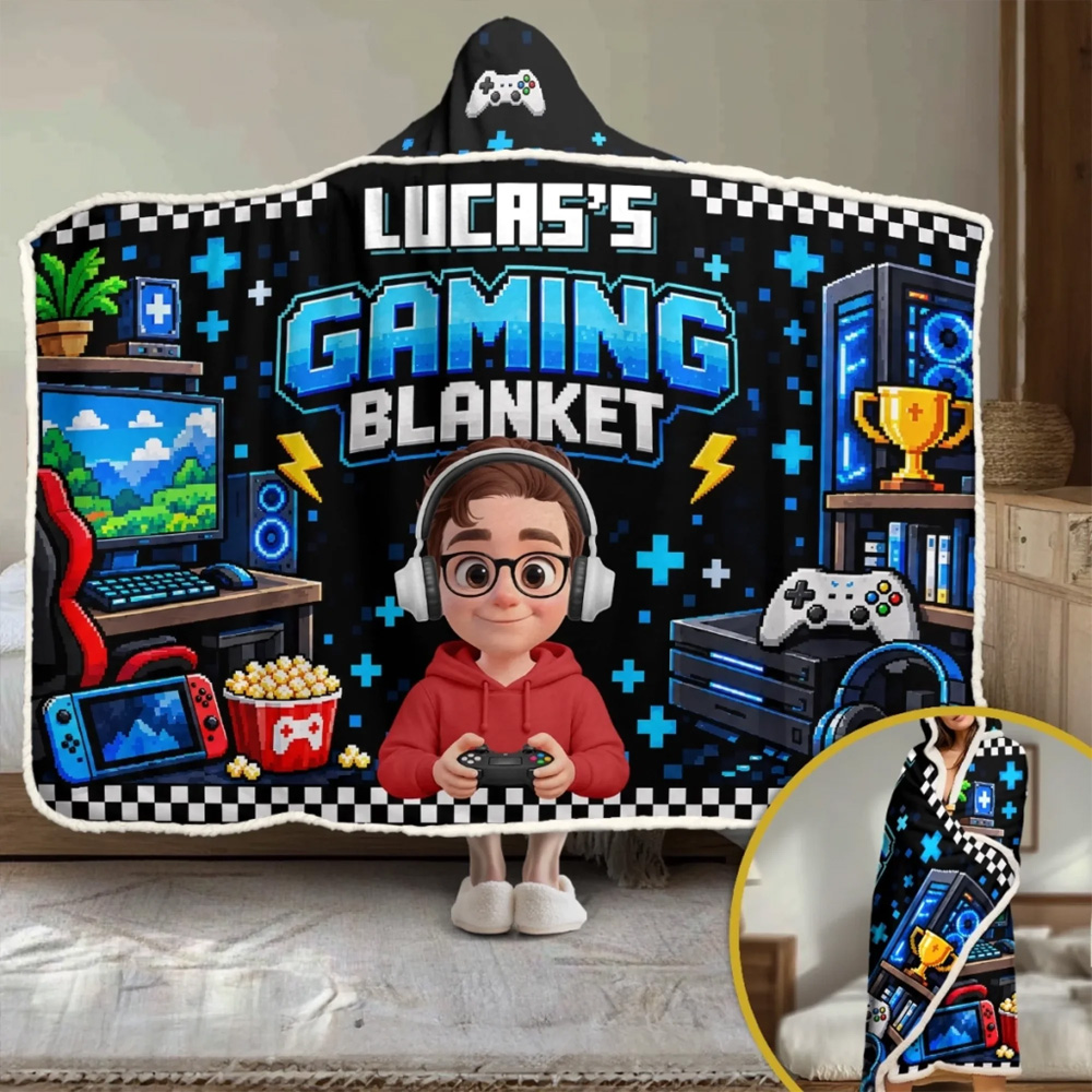 Personalized Wearable Blanket Hoodie Gaming Blanket Custom Name and Photo Gaming Gifts for Kids