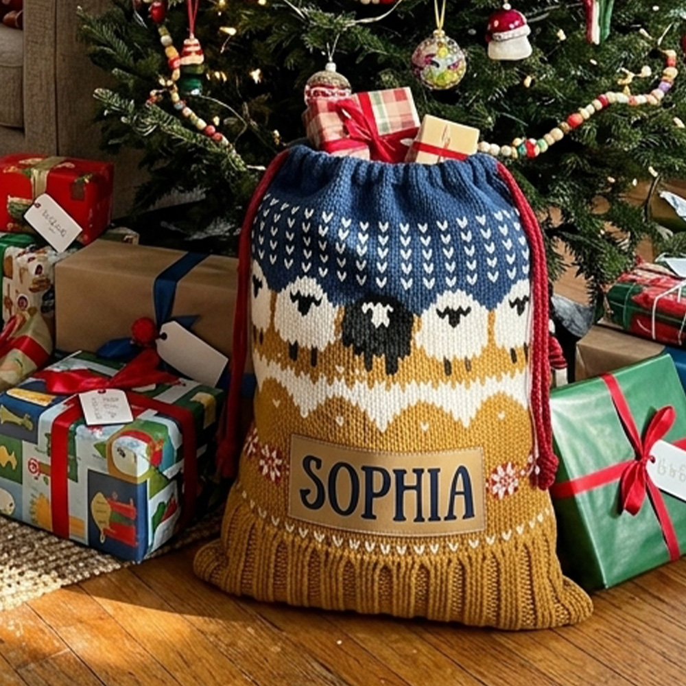 Personalized Flat printing Knitted Christmas Santa Sack With Custom Name Sheep Fair Isle Holiday Gift Bag for Kids