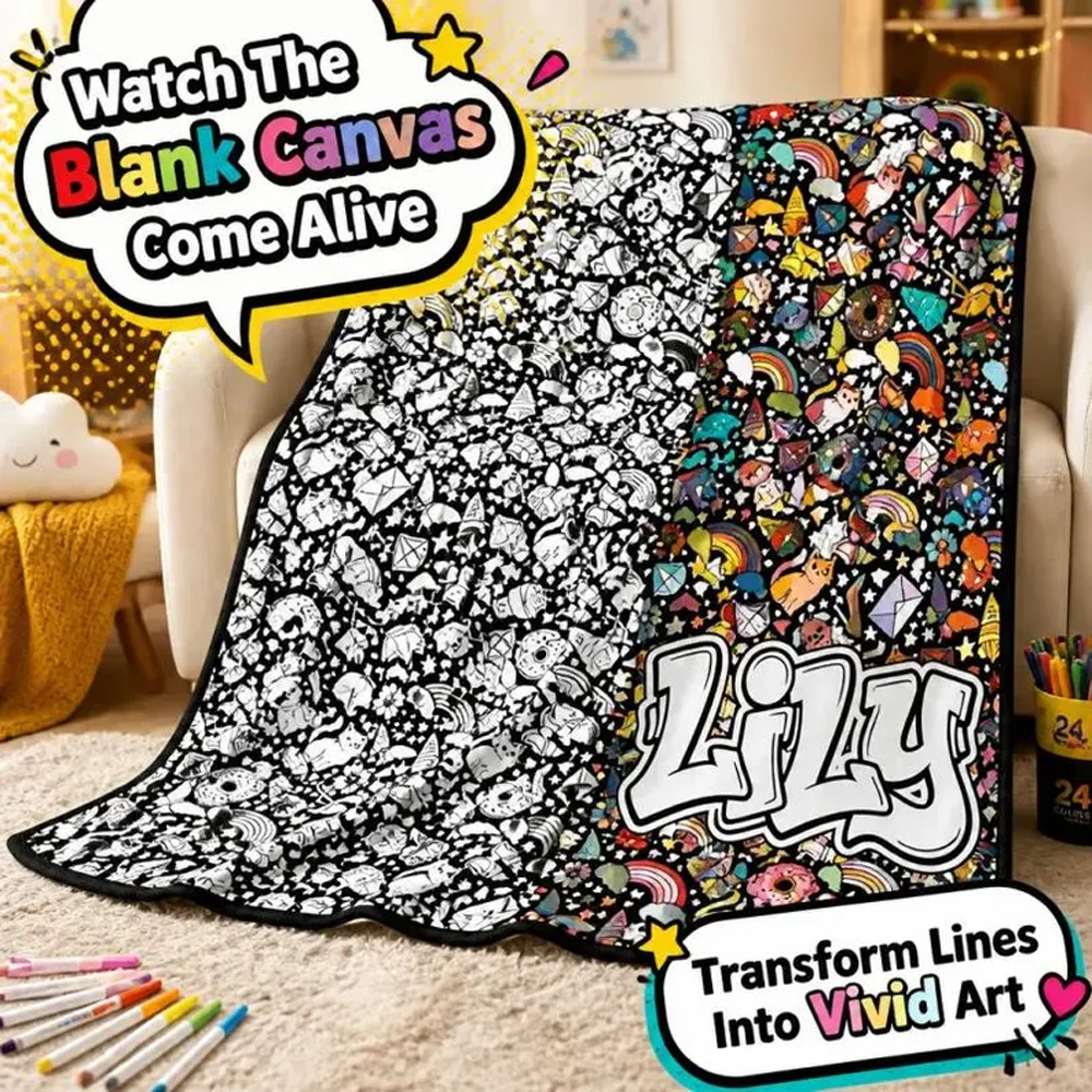 Personalized Doodle Art Blanket With Custom Name Blanket White Graffiti Kids Playroom Bedroom Blanket Fun