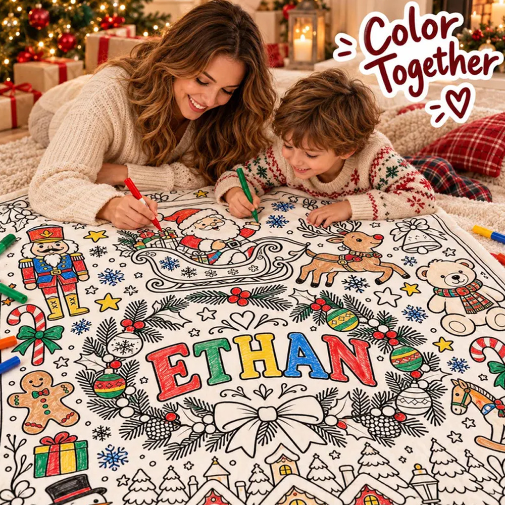Personalized Christmas Coloring Blanket Custom Name Kids Holiday Activity Gift Family Keepsake