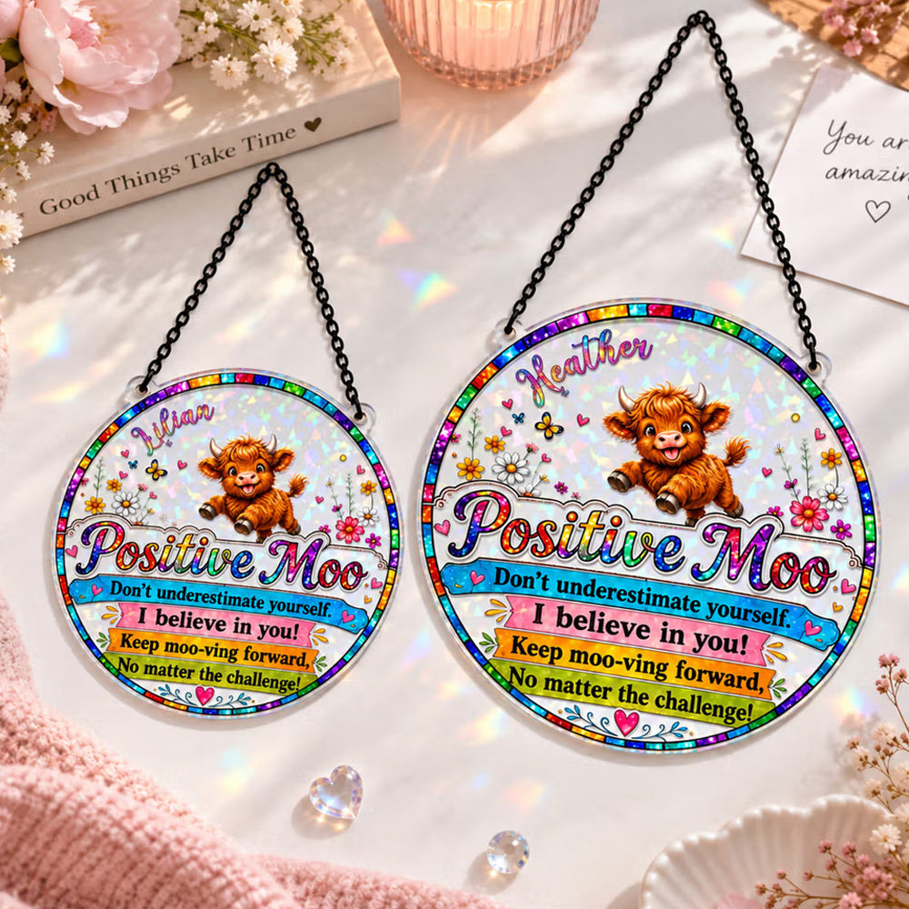 Personalized Colorful Highland Cow Positive Moo Floral Butterfly Sun Catcher with Name Birthday Housewarming Encouragement Gift for Women Friends
