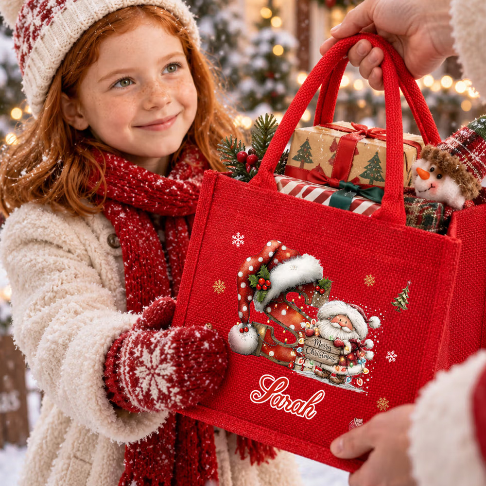 Personalized Cute Christmas Animal Santa Hat Reusable Red Linen Tote Gift Bag with Initial and Name Christmas Party Gift for Family Kids