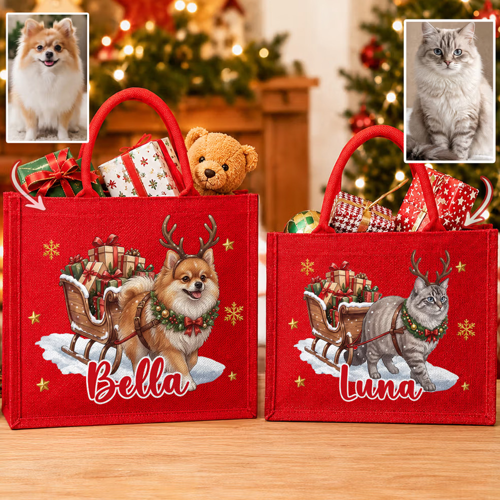Personalized Cute Pet Photo Christmas Elk Antlers Large Capacity Red Jute Tote Bag with Name Christmas Party Gift for Kids Pet Lovers