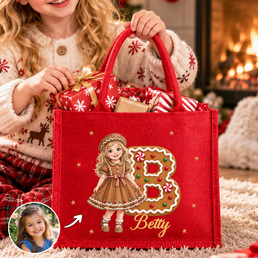 Personalized Cartoon Christmas Style 3D Character Photo Burlap Tote Bags with Name Christmas Eve Gift for Kids Girls Boys