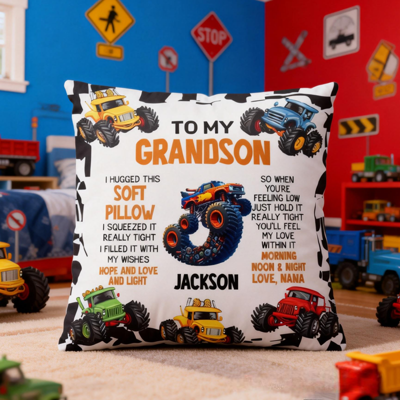 Personalized Cartoon Truck Soft Throw Pillow Cover with Name and Initial Home Decor Birthday Children's Day Gift for Kids