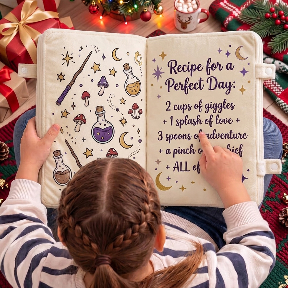 Personalized Spell Book-Shaped Throw Pillow With Custom Name Magic Recipe Openable Plush Book Gift for Kids Girls and Boys