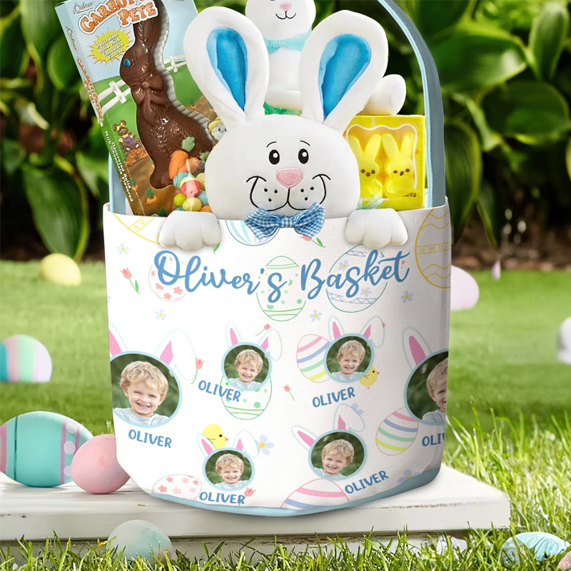 Personalized Kid Happy Easter with Bunny Ears Photo Easter Basket Easter Gifts for Kids