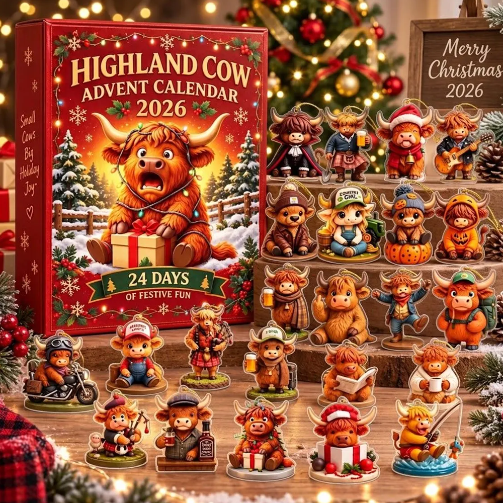 Highland Cow Advent Calendar 2026 24 Day Christmas Countdown Box Farmhouse Holiday Decor Cow Lover Christmas Gift