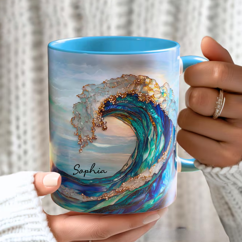 Personalized Ocean Waves Stained Glass Print Coffee Mug with Name Romantic Pastel Coffee Cup Birthday Gift 