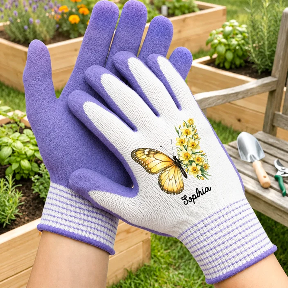 Personalized Butterfly Flower Garden Gloves With Custom Name Gift For Women Outdoor Gardening Use