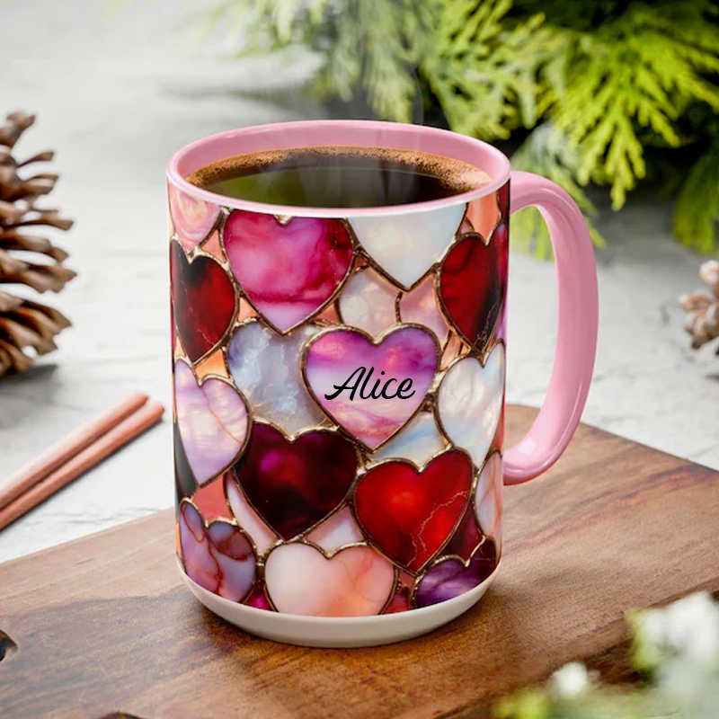 Personalized Stained Glass Hearts Mug with Name Romantic Pastel Coffee Cup Birthday Gift 