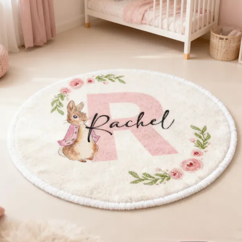 Personalized Pink Rabbit Initials with Name Soft Rug Carpet Christmas Gift for Kids Rug Birthday Gifts for Kids