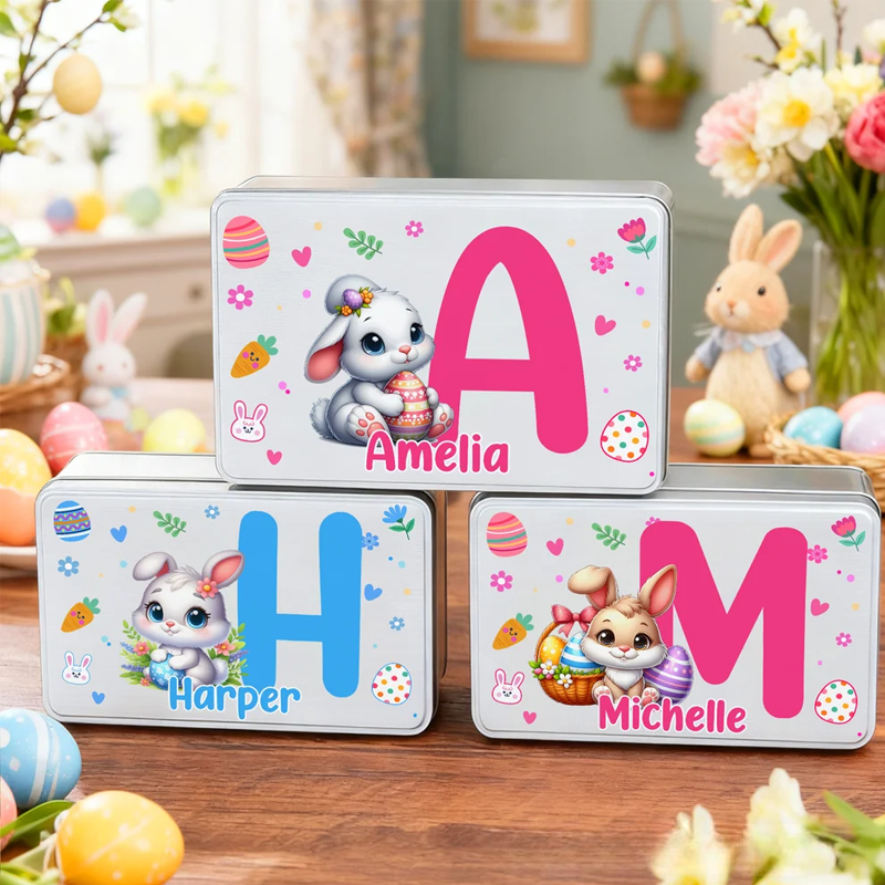 Personalized Cartoon Bunny Easter Eggs Food Grade Metal Biscuit Tin Storage Box with Name Easter Holiday Gift for Family Kids