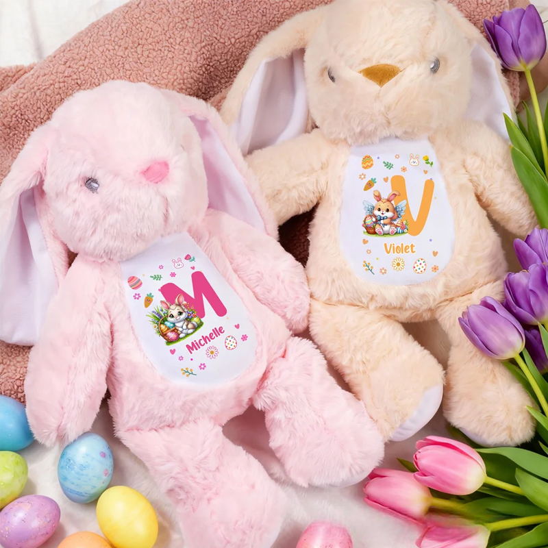 Personalized Cute Peter Rabbit Plush Easter Bunny Stuffed Toy with Initial and Name Easter Birthday Gift for Kids