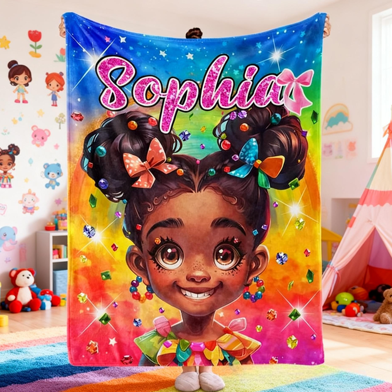 Personalized Afro Girl Fleece Soft Throw Blanket with Name Birthday Gift for Children Girls