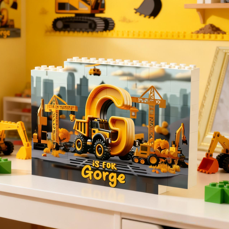 Personalized Construction Vehicles Letters Kid Double Sided Horizontal Rectangle Building Brick Blocks