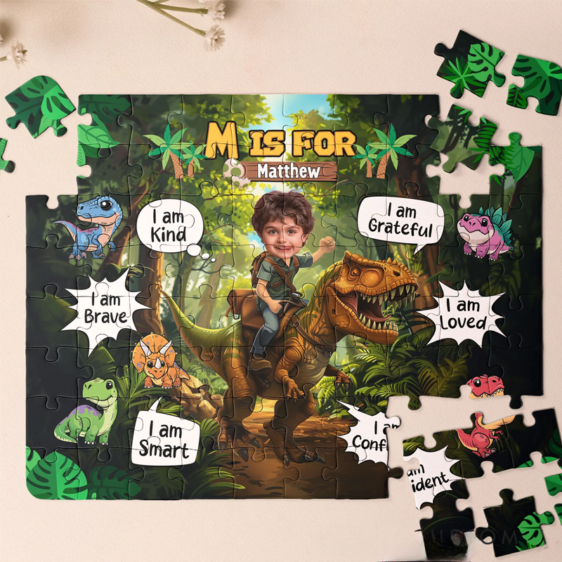 Personalized Little Boy Riding Dinosaur I Am Kind I Am Brave Photo Jigsaw Puzzle