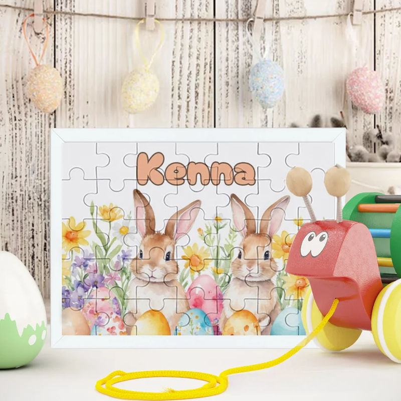 Personalized Floral Easter Eggs Cute Bunny 35 Pieces Puzzle with Name Holiday Basket Stuffers Easter Party Birthday Gift for Boys Girls