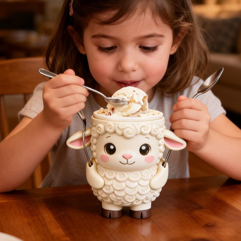 Kids Theme Custom Name Lovely White Lamb Ice Cream Cup Support 3D Printed Cozy with Spoon Slot