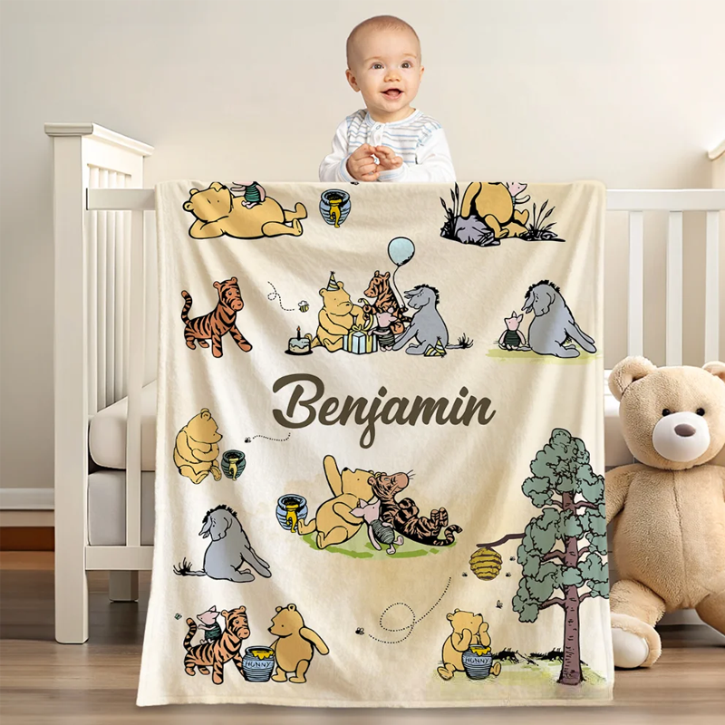 Personalized Classic Winnie the Pooh Illustration Soft Throw Blanket with Name Nusery Decor Birthday Baby Shower Gift for Newborns Boys Girls