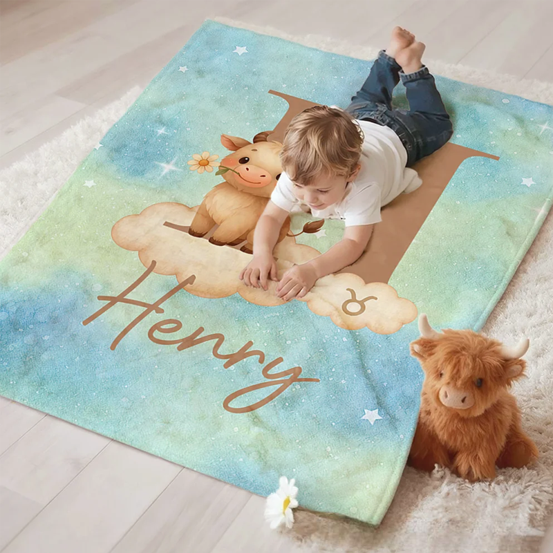 Personalized Starry Sky 12 Zodiac Animal Soft Throw Blanket with Name and Initial Daily Use Birthday Gift for Children Girls Boys